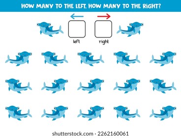 Left or right with cute cartoon hammerhead shark. Educational game to learn left and right.