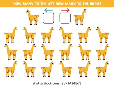 Left or right with cute cartoon llama. Educational game to learn left and right.
