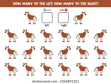Izquierda o derecha con el tierno dibujo okapi. Juego educativo para aprender de izquierda a derecha.
