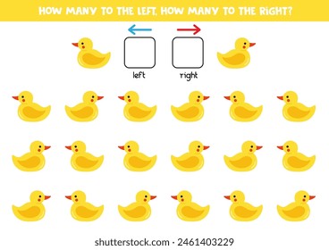 Izquierda o derecha con lindo pato de goma de dibujos animados. Juego educativo para aprender a izquierda y derecha.