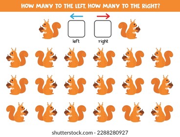 Links oder rechts mit süßem Cartoon-Eichhörnchen. Erziehungsspiel, um links und rechts zu lernen.