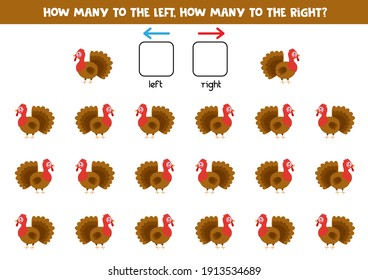 Izquierda o derecha con un lindo pavo de dibujos animados. Juego educativo para aprender de izquierda a derecha.