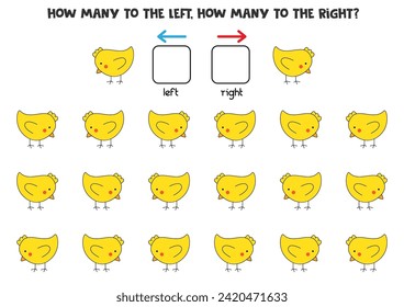 Left or right with cute cartoon yellow chicken. Educational game to learn left and right.