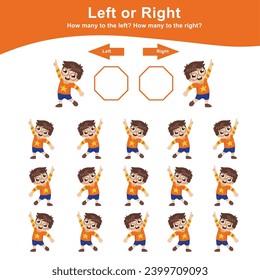 Left or right the cute little boy. Counting worksheet for kids. Math game. Count and write the result. Left or Right worksheet for kids. Educational printable math worksheet. 