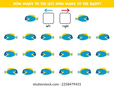 Left or right with cute powder blue tang. Educational game to learn left and right.