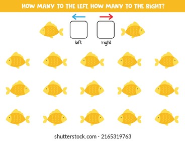 Izquierda o derecha con un bonito pez amarillo. Juego educativo para aprender de izquierda a derecha.
