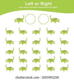 Left or Right Dinosaur Game for Children. Cute dinosaur math worksheet. Educational printable math worksheet. Math worksheet for kids. Vector illustration in cartoon style. 