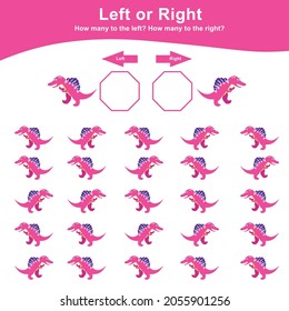 Juego de Dinosaurios Derecha o Izquierda para Niños. Hoja de cálculo de cálculos de dinosaurios. Hoja de cálculo de matemáticas imprimibles educacionales. Hoja de cálculo matemática para niños. Ilustración vectorial al estilo de las caricaturas. 