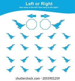 Left or Right Dinosaur Game for Children. Cute dinosaur math worksheet. Educational printable math worksheet. Math worksheet for kids. Vector illustration in cartoon style. 