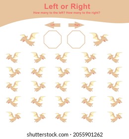 Left or Right Dinosaur Game for Children. Cute dinosaur math worksheet. Educational printable math worksheet. Math worksheet for kids. Vector illustration in cartoon style. 