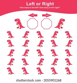 Left or Right Dinosaur Game for Children. Cute dinosaur math worksheet. Educational printable math worksheet. Math worksheet for kids. Vector illustration in cartoon style. 