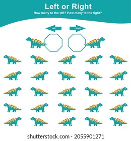 Left or Right Dinosaur Game for Children. Cute dinosaur math worksheet. Educational printable math worksheet. Math worksheet for kids. Vector illustration in cartoon style. 