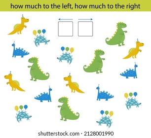 Left or right with dinosaurs. Logical worksheet for preschoolers. Montessori game for kids. A sheet for printing.