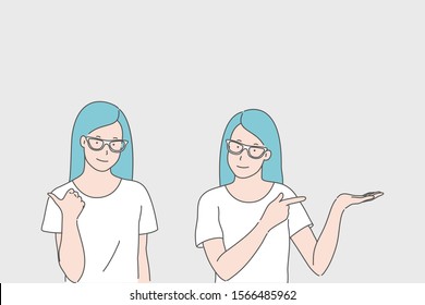 Left and right direction, opposite sides, comparing concept. Young woman showing directions with hands, gesticulating girl, way pointing, route suggestion, option offer. Simple flat vector