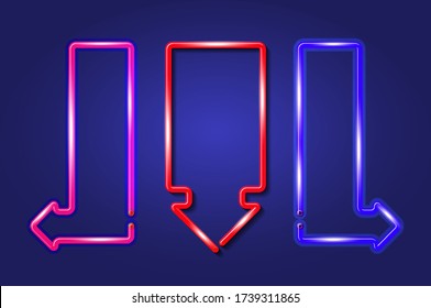 Left, right and down arrows glowing neon sign or LED strip light. Realistic vector illustration. Dark blue background.