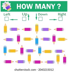 Left or Right. Up or down. Logic game for kids. Count how many pencils are turned left and how many are turned right, also up and down.