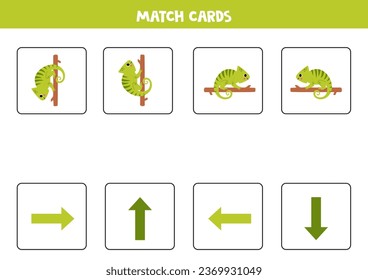 Left, right, up or down. Spatial orientation with cute green chameleon.