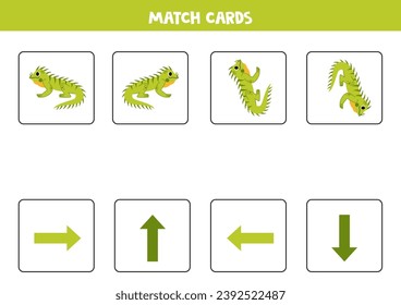 Left, right, up or down. Spatial orientation with cute green iguana.