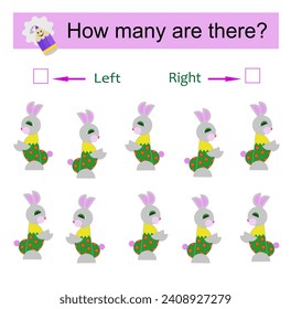 Left or Right. Educational game. Count how many hares are turned left and how many are turned right. 