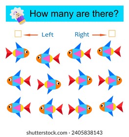 Left or Right. Educational game for kids. Count how many fishes are turned left and how many are turned right. 