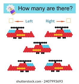 Izquierda o Derecha. Juego educativo para los niños. Cuente cuántos helicópteros se giran a la izquierda y cuántos se giran a la derecha.