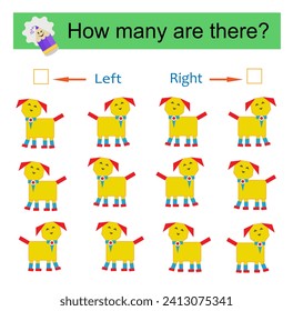 Left or Right. Educational game for kids. Count how many animals are turned left and how many are turned right. 
