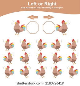 Left or Right Game for children. Worksheet activity for preschool kids. Counting animals how many are left and right. Vector illustration.