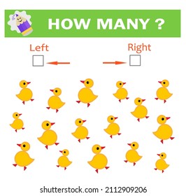 Left or Right. Game for kids. Count how many ducks are turned left and how many are turned right.