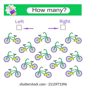 Links oder rechts. Spiel für Kinder. Zählen Sie, wie viele Fahrräder links gedreht und wie viele rechts abgebogen sind.