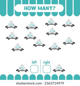 Left or right game for kids. Count police cars. Educational Worksheet for preschool children. How many cars go to the left and to the right. Vector illustration