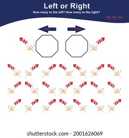 Left or Right Game for Preschool Children with Fourth July theme. Educational printable math worksheet. Additional math for kids. Vector cute illustration.
