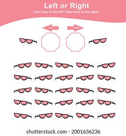 Left or Right Game for Preschool Children. Educational printable math worksheet. Additional math for kids. Vector illustration in cartoon style. This worksheet is suitable for count how many sunglasse
