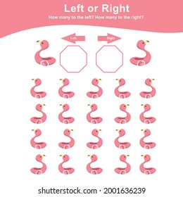 Left or Right Game for Preschool Children. Educational printable math worksheet. Additional math for kids. Vector illustration in cartoon style. This worksheet is suitable for count how many flamingos