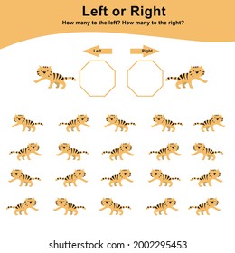 Left Or Right Game For Preschool Children. Counting How Many Tigers Are Left And Right. Educational Printable Math Worksheet. Additional Math For Kids. Vector Illustration In Cartoon Style. 