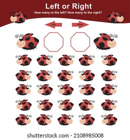 Left or Right Game for Preschool Children. Worksheet activity for preschool kids. Insects education math printable worksheet to counting how many are left and right. Vector illustration.