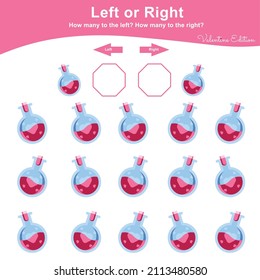 Left or Right Game for Preschool Children. Valentine Worksheet activity for kids. Education math printable worksheet to counting how many are left and right. Vector illustration.