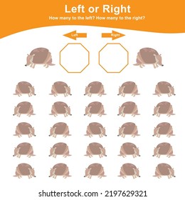 Left or Right Game for Preschool Children. Worksheet activity for preschool kids. Education math printable worksheet to counting how many are left and right. Vector illustration.