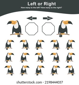 Left or Right Game for Preschool Children. Worksheet activity for preschool kids. Education math printable worksheet to counting how many are left and right. Vector illustration.