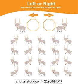 Left or Right Game for Preschool Children. Worksheet activity for preschool kids. Education math printable worksheet to counting how many are left and right. Vector illustration.