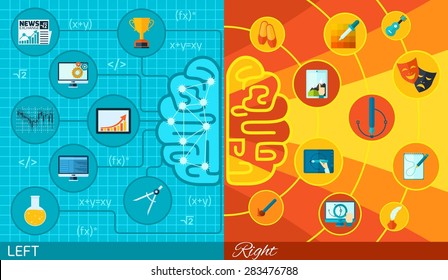 Left and right half brain difference math logic or art and creativity function in varied colors and icons flat paper