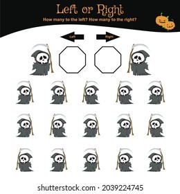 Left or Right Halloween Game for Children. Halloween math worksheet. Educational printable math worksheet. Vector illustration. Education worksheet to count how many are left and right. 