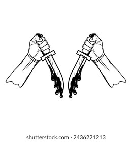 Linke und rechte Hand halten ein Messer mit Blut immer noch tropfen schwarz und weiß Vektor-Illustration