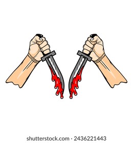 manos izquierda y derecha sosteniendo un cuchillo con sangre goteando ilustración vectorial