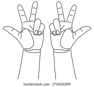 
Manos izquierda y derecha mostrando el gesto del número tres usando dedos pulgar, índice y medio. Ilustración vectorial en el estilo de contorno aislado en el fondo blanco.