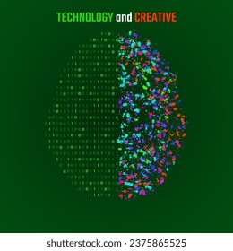 Left and right human brain cerebral hemispheres with binary code and colorful ink splashes, grunge splatters. Vector illustration