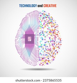 Left and right human brain cerebral hemispheres with cpu, circuit board and colorful ink splashes, grunge splatters. Vector illustration