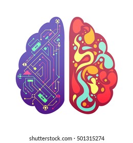 Left and right human brain cerebral hemispheres pictorial symbolic colorful figure with flowchart and activity zones vector illustration 