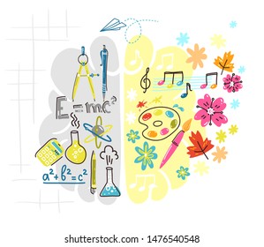 Left right human brain concept. Creative part and logic part withart and science doodle. Vector illustration