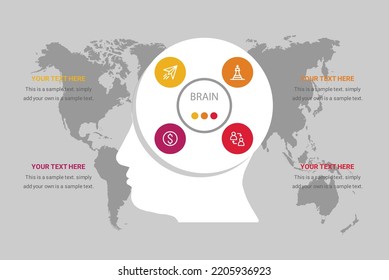 Left and right human brain concept. Logic and creative hemispheres infographics with brain 4