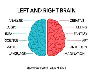 Concepto de cerebro humano izquierdo y derecho. Parte creativa y parte lógica de la Ilustración vectorial de infografía cerebral.